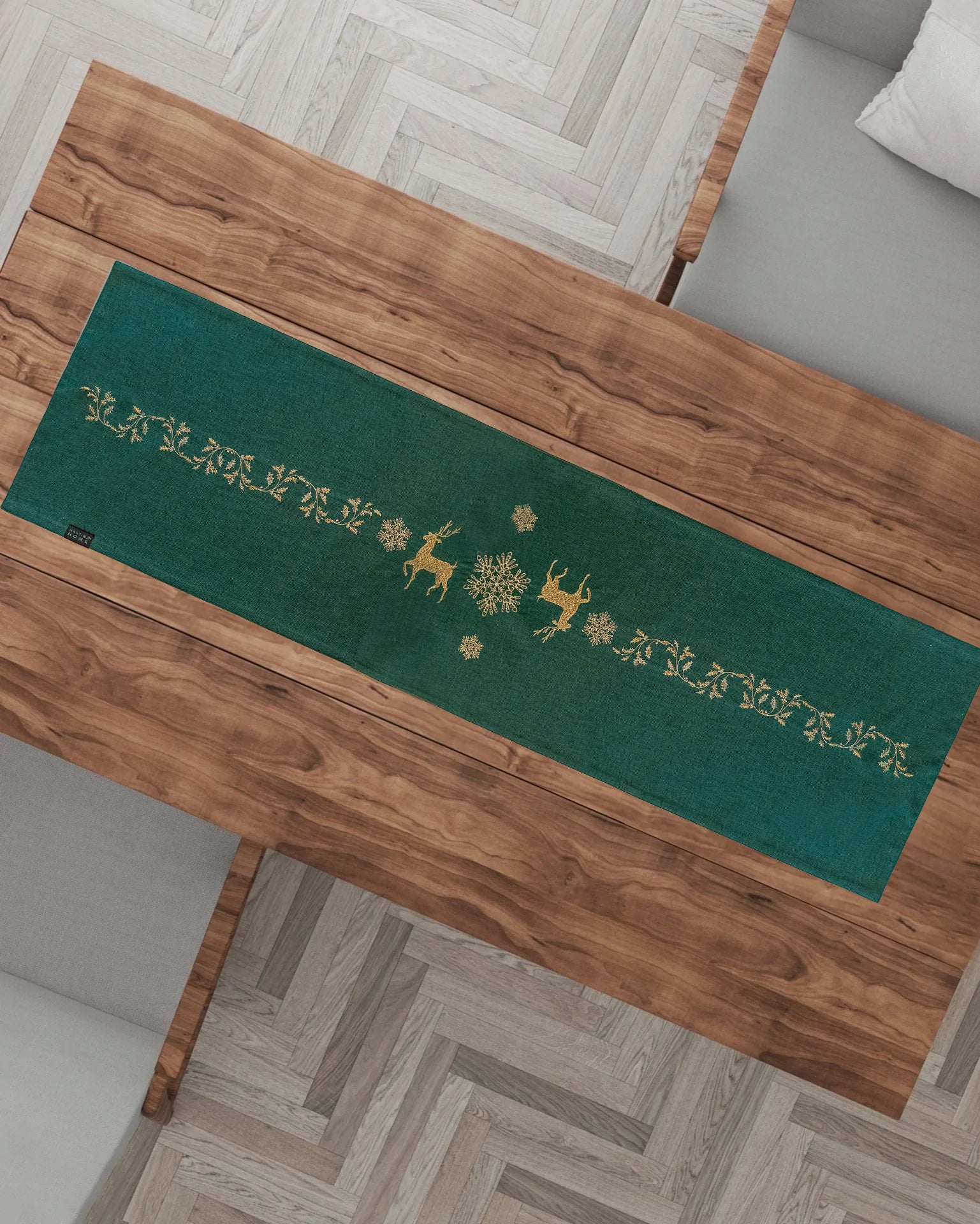 Bieżnik świąteczny zielony złoty haft renifer - HAFTINA HOME